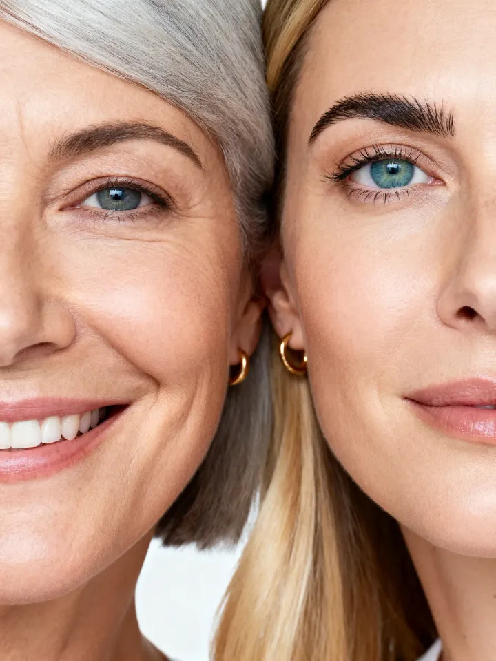 Os rostos de duas mulheres encostados, uma de cabelo grisalho e uma mais nova