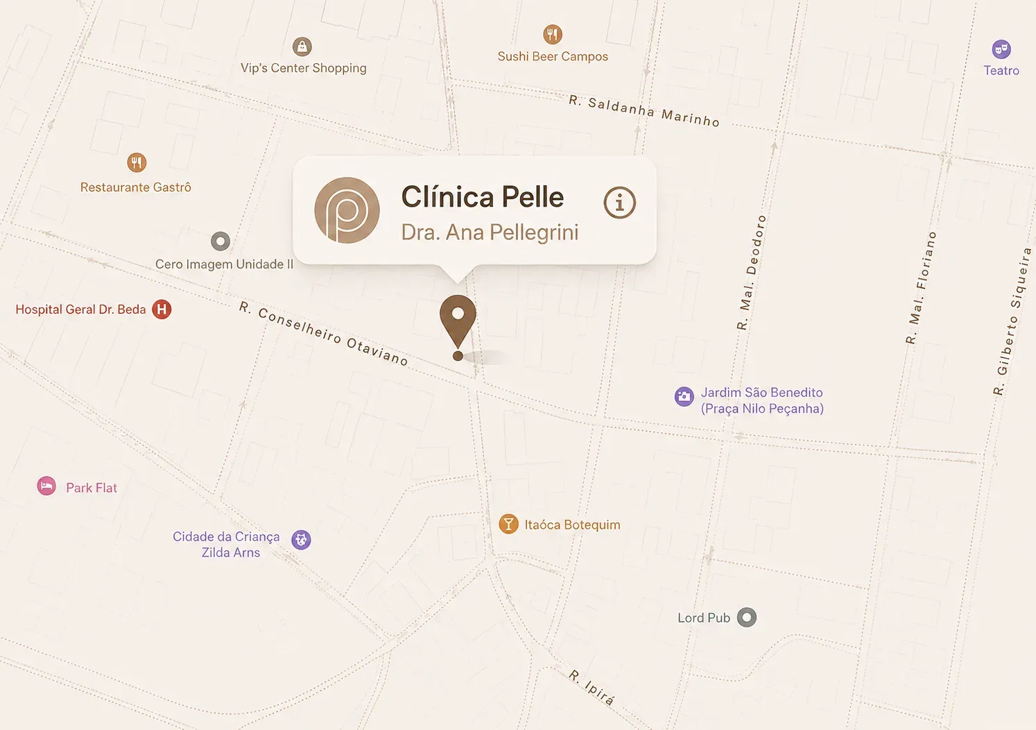 Mapa do centro de Campos dos Goytacazes com a Clínica Pelle marcada na R. Treze de Maio