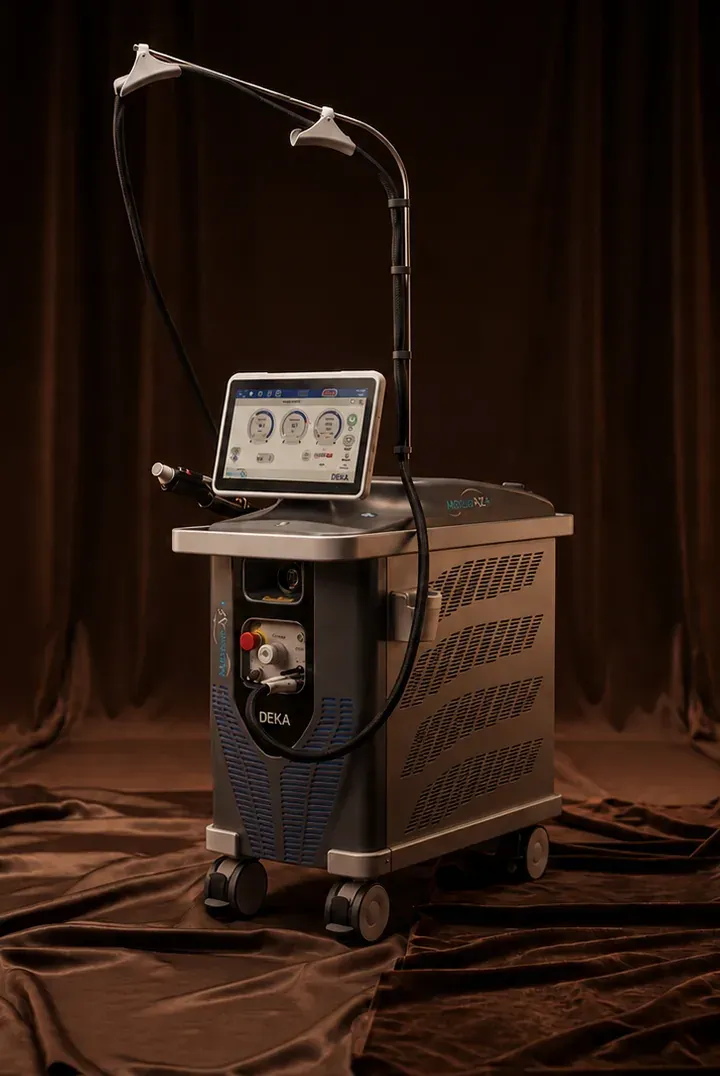 O laser Motus AZ+ da DEKA, com a tela ligada e o braço articulado erguido, sobre veludo marrom