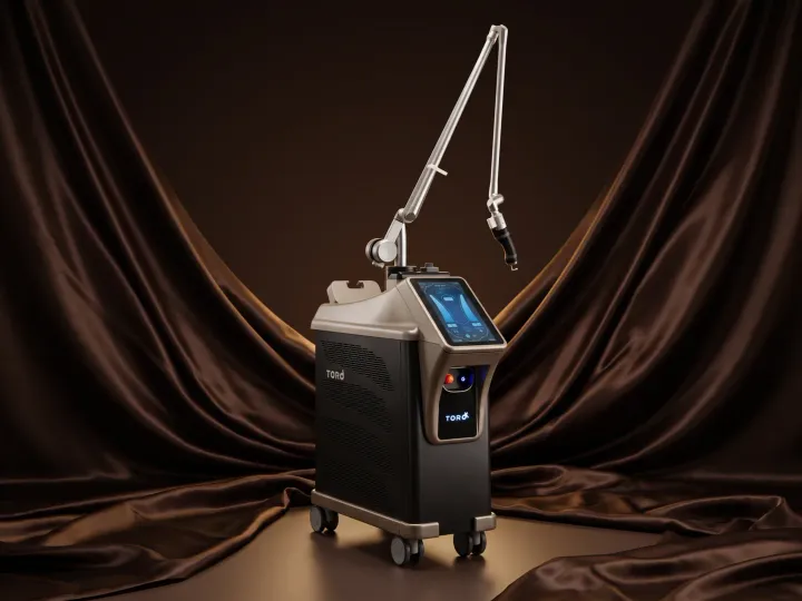 O laser Toro da DEKA, escuro e dourado, com o braço articulado estendido diante de cortina de cetim marrom